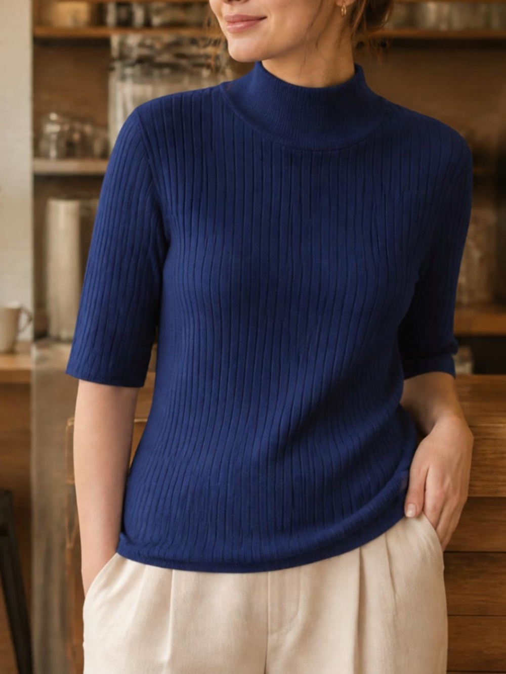 NWT Ann Taylor Navy Ribbed Mock Neck Sweater M